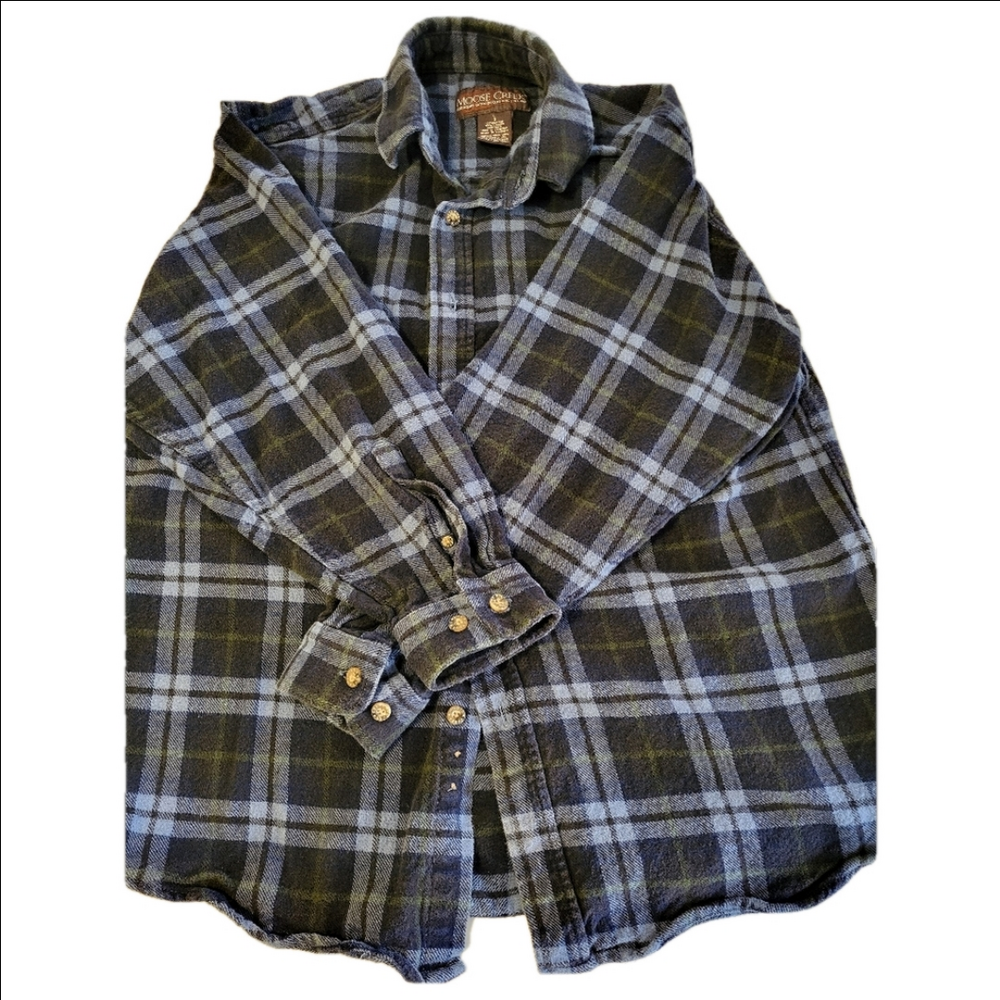 Men's Blue and Black Casual Button Down Flannel Shirt, Size Large